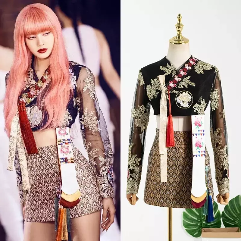 Kpop ชุดสองชิ้นเสื้อเชิ้ตแขนยาวสั้นสำหรับผู้หญิง, ชุดปักลายดาราเกาหลี + ROK MINI เข้ารูปสุดเซ็กซี่