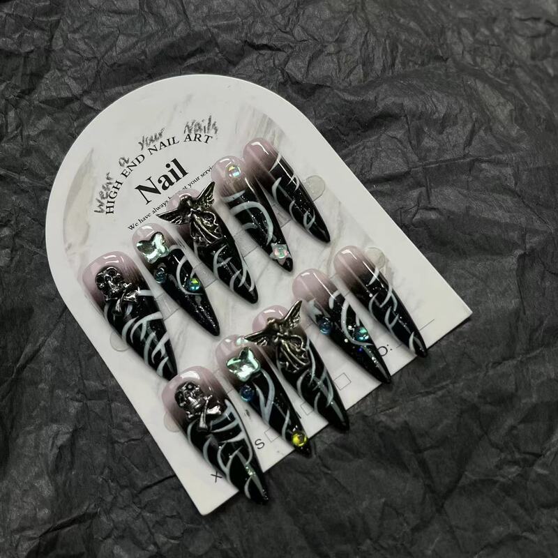 10 Stuks Handgemaakte Pers Op Nagels Zwart Luxe Y 2K Zoete Nepnagels Herbruikbare Volledige Hoes Nail Art Tips Voor Coole Meisjes