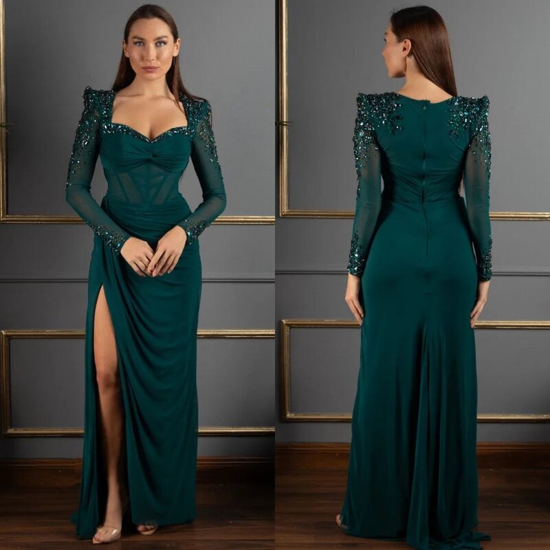 Jersey Beading Pleat Celebrity A-line Square Neck Bespoke Occasion Gown Long Dresses