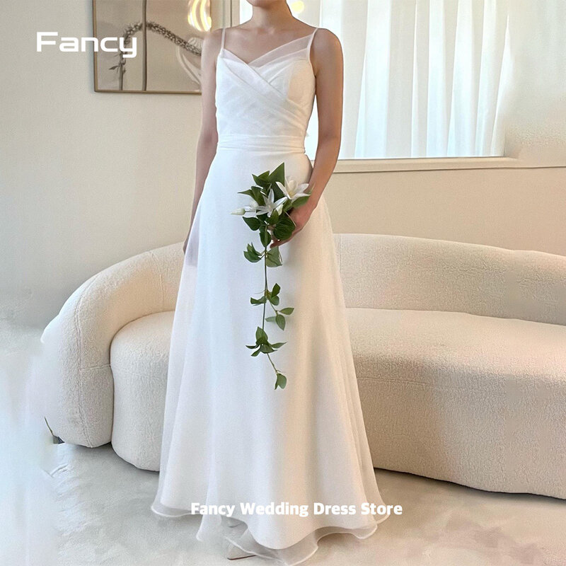 Fancy Simple Korea A Line Wedding Dress Photo Shoot Spaghetti Straps Sleeveless Evening Party Dress Organza Bridal Gown