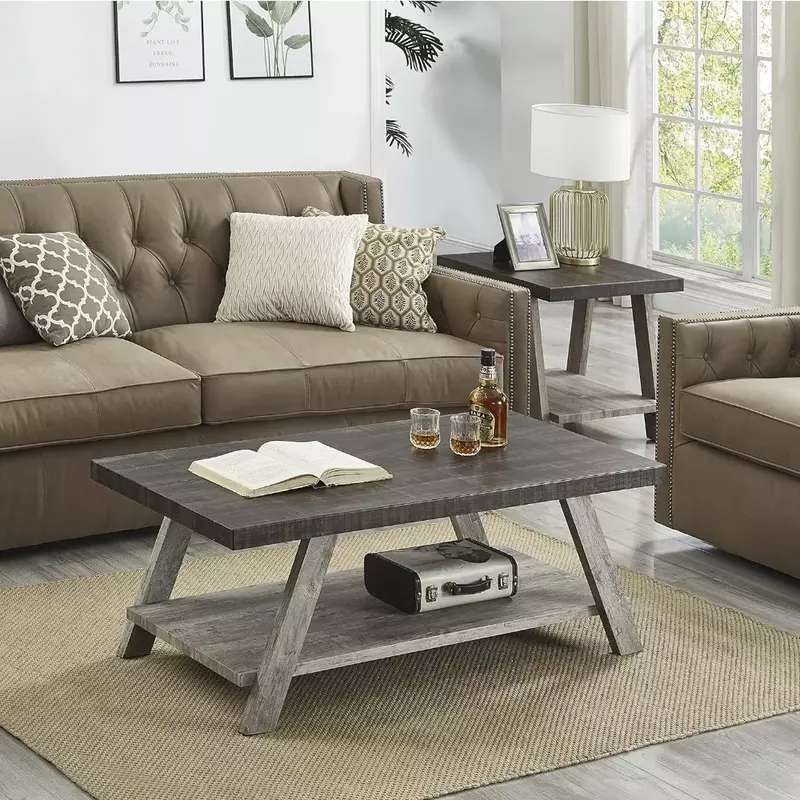 3-Piece Coffee Table Set, 24D X 48W X 19H in Wood Shelf Complete Set Includes A Coffee Table and Two End Tables, Coffee Table