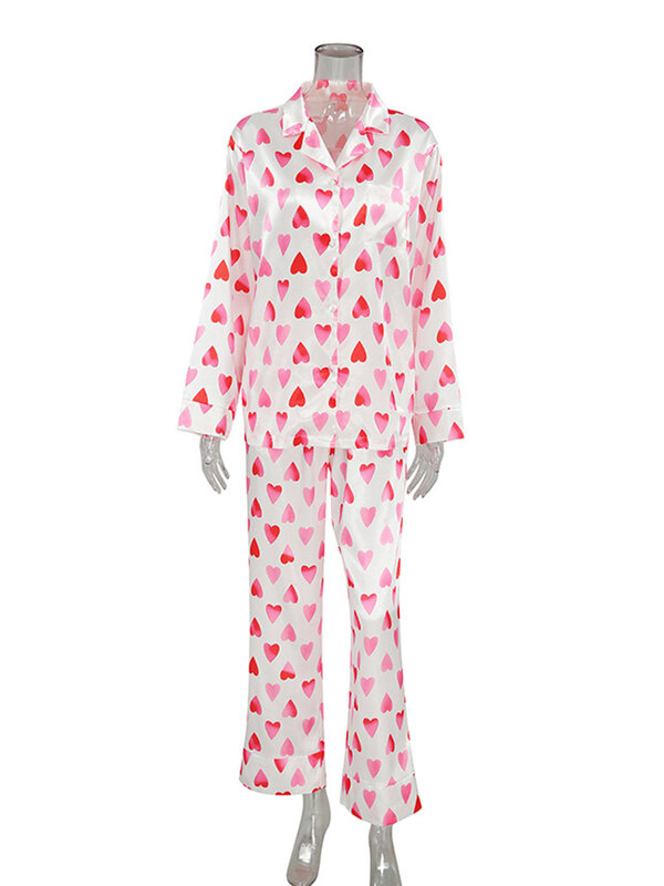 Marthaqiqi-Conjunto de pijama con estampado para mujer, con cuello vuelto Sexy ropa de dormir, camisones de manga larga, pantalones, a la moda