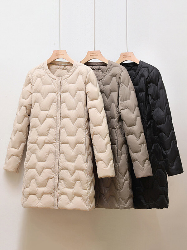 韓国-女性のための広い口のコート,白いダックダウンジャケット,薄い,ポータブル,ミッドレングス,ラウンドネック,ライト,秋