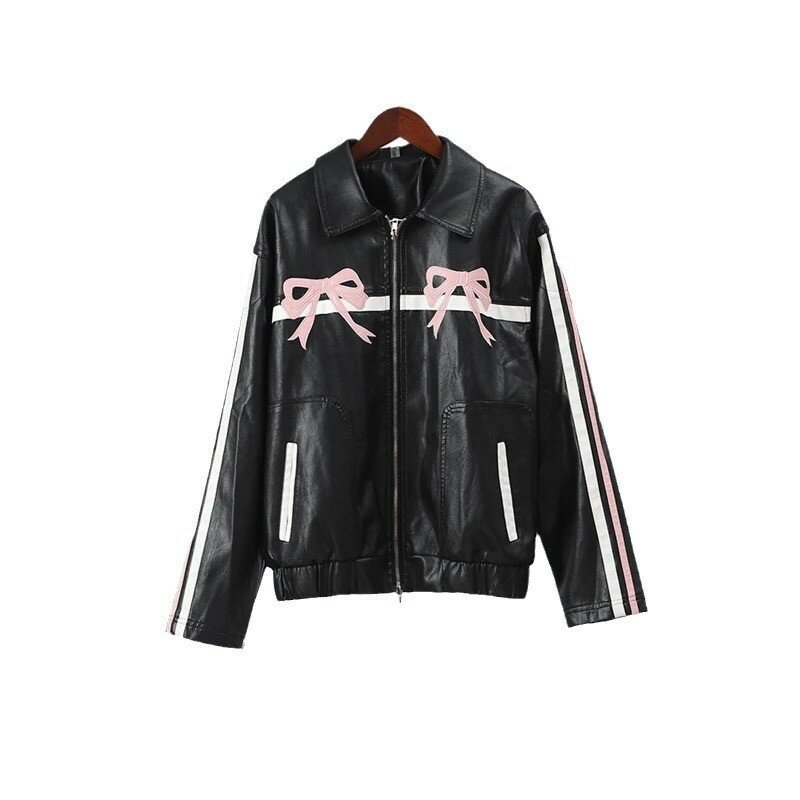 Veste en cuir PU Y2K Bow Sweet Cool pour femme, col polo, manteau à glissière de moto, vintage, rue, surdimensionné, nouvelle mode, 2024
