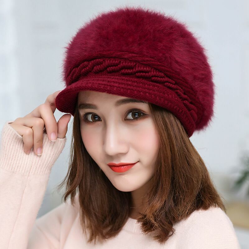 หมวกขนกระต่ายสไตล์เกาหลีสำหรับผู้หญิง, ใหม่หมวกถักแบบหนาอบอุ่นมีลิ้นสำหรับฤดูหนาว