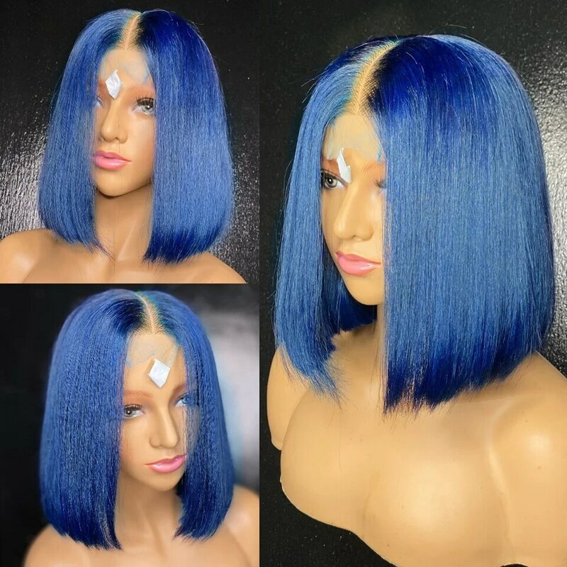 شعر مستعار برازيلي قصير مستقيم للنساء ، شعر بشري ، دانتيل أمامي شفاف ، أزرق ، 13 × 6