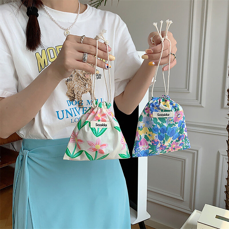 1 buah tas tangan penyimpanan dompet koin lipstik kosmetik perjalanan Floral kain lucu tas kantung kecil Organizer dompet wanita