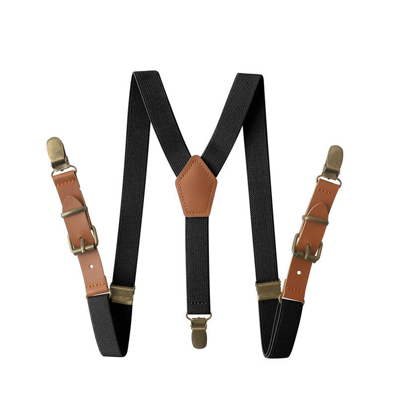 Vintage Brown Leather Alloy 3 Bronze Clips Kid Ring Bearer Vintage Casual Suspenders Western-Style Trousers Boy's Braces Strap