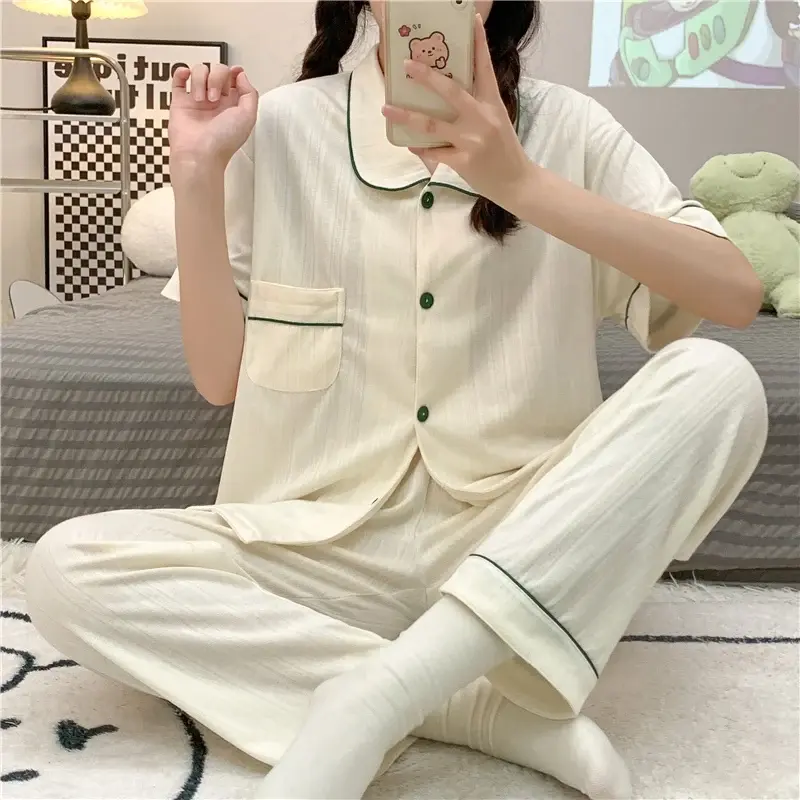 Conjuntos de pijama feminino manga curta, terno de pijama solto, roupa caseira coreana, calças compridas, roupas de casa, verão, outono, 2023