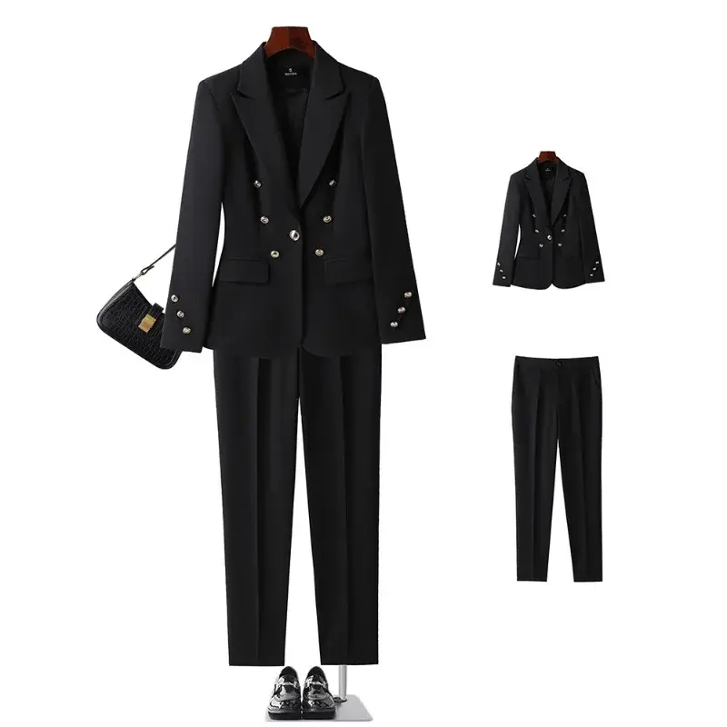 Modny damski biały różowy czarne spodnie garnitur damski guziki dekoracyjne marynarka i spodnie 2-częściowy zestaw dla biurowa, damska odzież do pracy