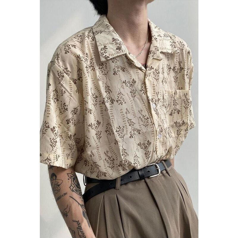 Cuban collar design niche vintage short-sleeved floral shirt for male couples vintage retro loose beach t shirts y2k tops emo