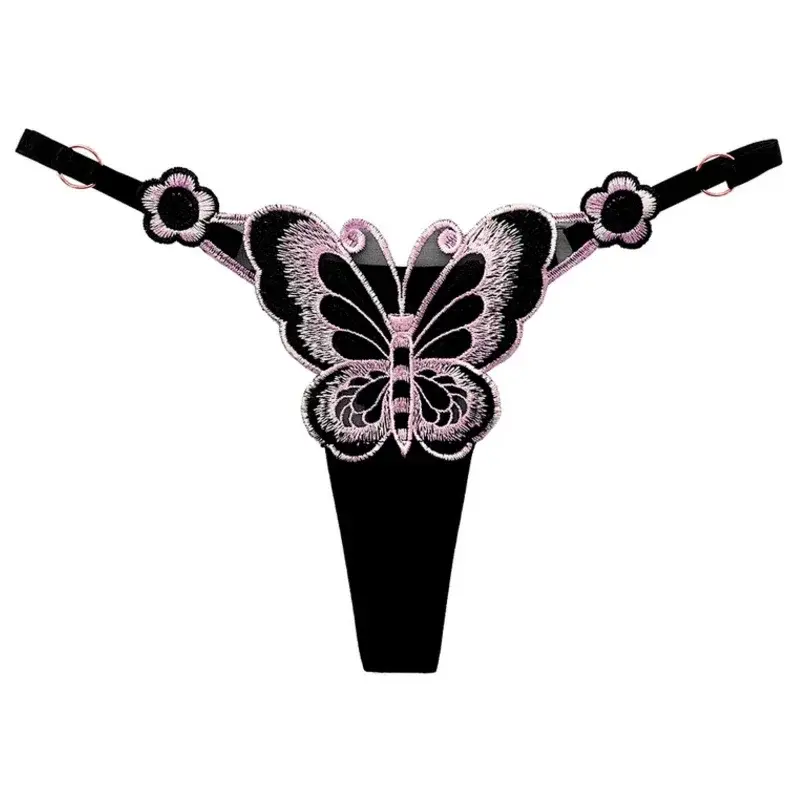 Tangas de borboleta bordadas para mulheres, roupa interior sexy, calcinha com cordão G, cintura baixa, lingerie respirável, cordas G femininas, cuecas