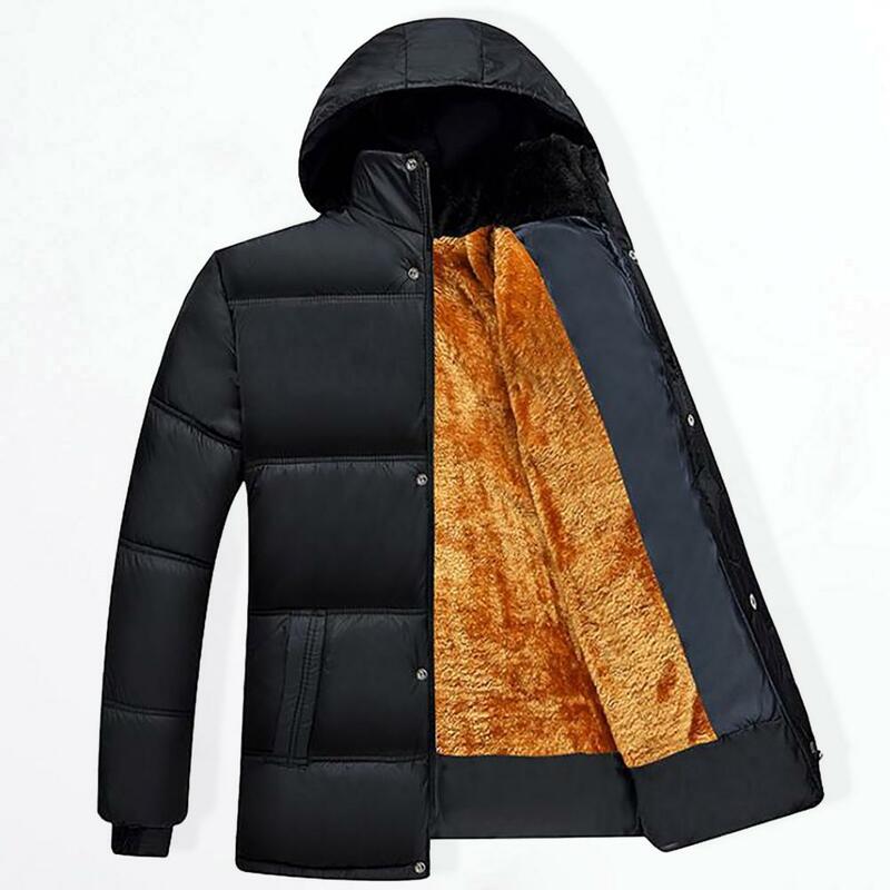 Mantel lengan panjang bertudung pria, jaket katun musim dingin empuk tebal tahan angin bersaku elastis untuk pria usia sedang