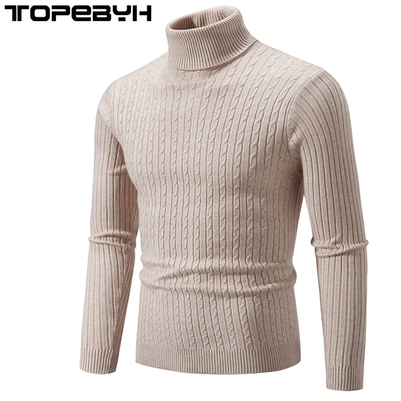 Pull en tricot à col haut pour hommes, coupe couvertes, manches longues, chaud, solide, tendance document, automne et hiver