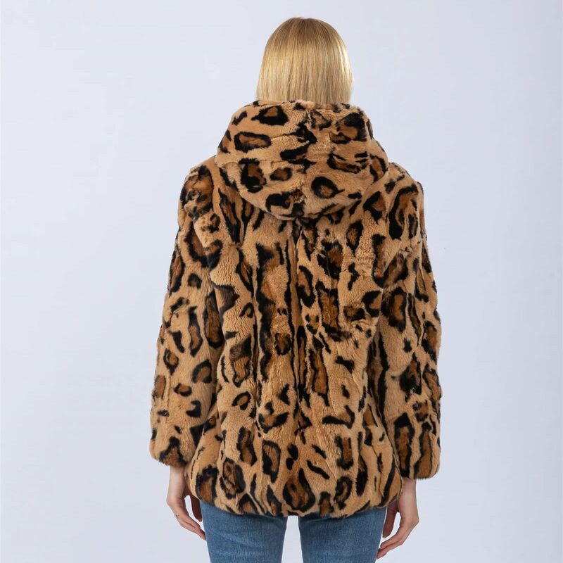 Natürlicher Rex Kaninchen mantel mit Kapuze Leopard braune Frau Mode elegant schön lässig neue Herbst Winter jacke