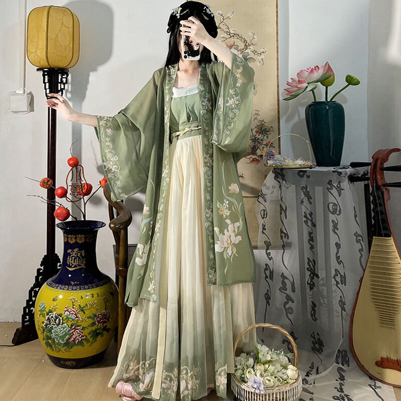 ชุดแฟชั่นจีนแบบฮั่นฝู3ชิ้น, ชุดเดรสสีเขียวชาชุดจีนโบราณชุดปักลายสำหรับผู้หญิงชุดสำหรับถ่ายภาพจบการศึกษา