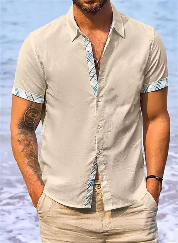 Camisa polo de manga curta masculina, cor sólida, emenda, estampada em 3D, moda casual, roupa confortável, verão, novo, 2024