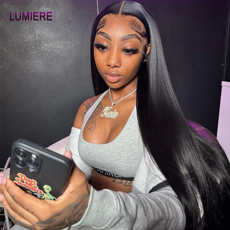 Lumiere-Perruque Lace Closure Wig Remy Brésilienne Naturelle, Cheveux Lisses, 4x4, 13x4, 32 Pouces, Prêt à vitation, HD, pour Femme