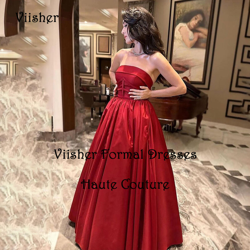 Red Satin Evening Dresses for Women Strapless A Line Prom Party Dress Floor Length Arabian Dubai Wedding Party Gowns