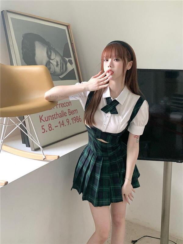Japonia Korea mundurek szkolny Jk ulepszony garnitur JK garnitur kobiety bufiasty rękaw koszula z pasiastym spódnicą szelki plisowane zestaw spódnic