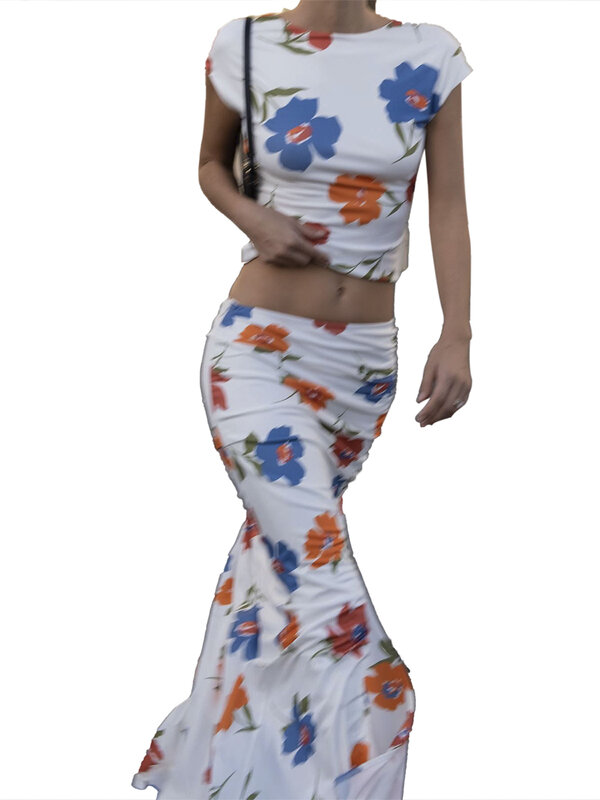 Outfits com estampa de flores de verão feminino, manga curta, camisetas sem costas, tops, fenda, saia longa, 2 peças conjunto de roupas