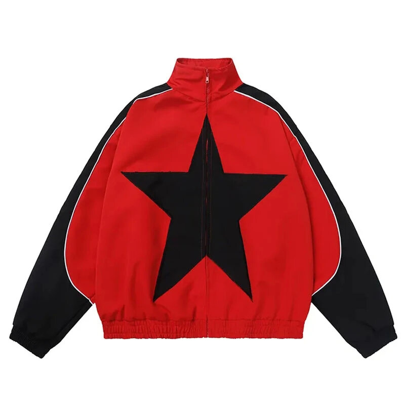 Jaqueta bomber de padrão estrela Vintage masculina e feminina, casaco blusão, patchwork com zíper, streetwear unissex, Harajuku Y2k, primavera