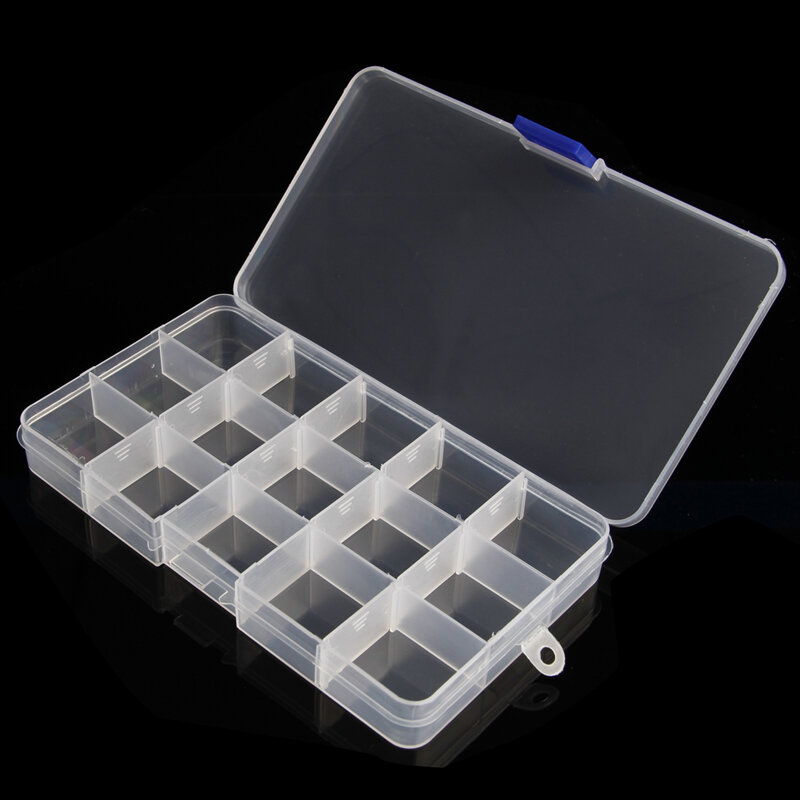 Boîte à bijoux en plastique transparent à 15 grilles, conteneur organisateur avec séparateurs amovibles