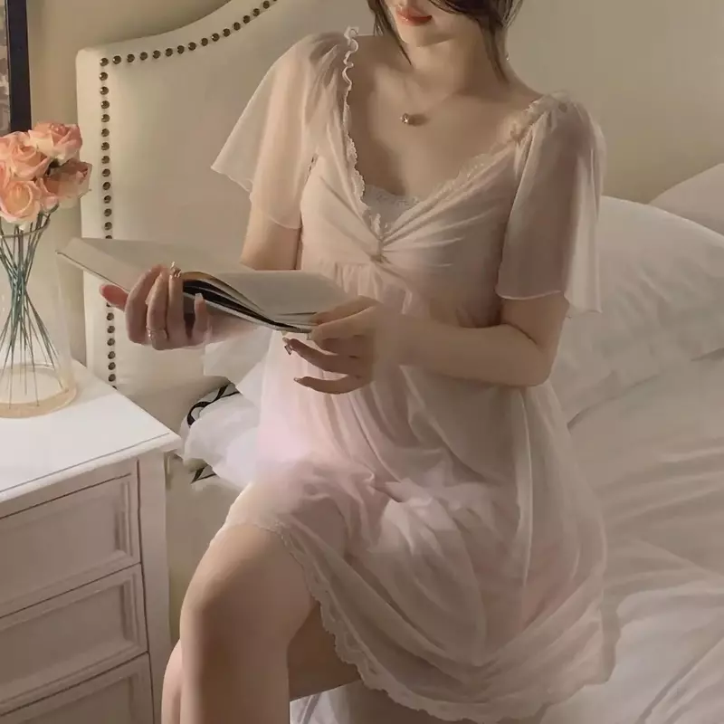 Nightgown Women French Lace Summer Thin Mesh Sleepwear Dress Home Service Womens Night Dress