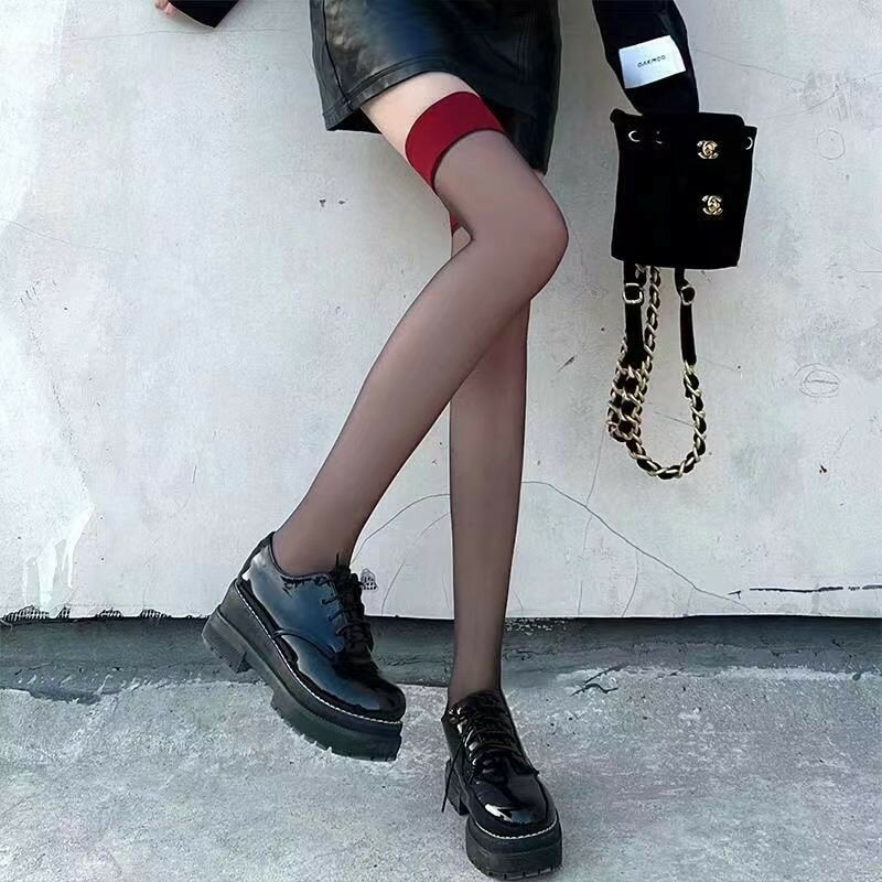 JK costumi donna Sexy coscia alta calze a rete Lolita ragazze Punk gotico trasparente sopra il ginocchio rosso bordo largo calzini lunghi alti