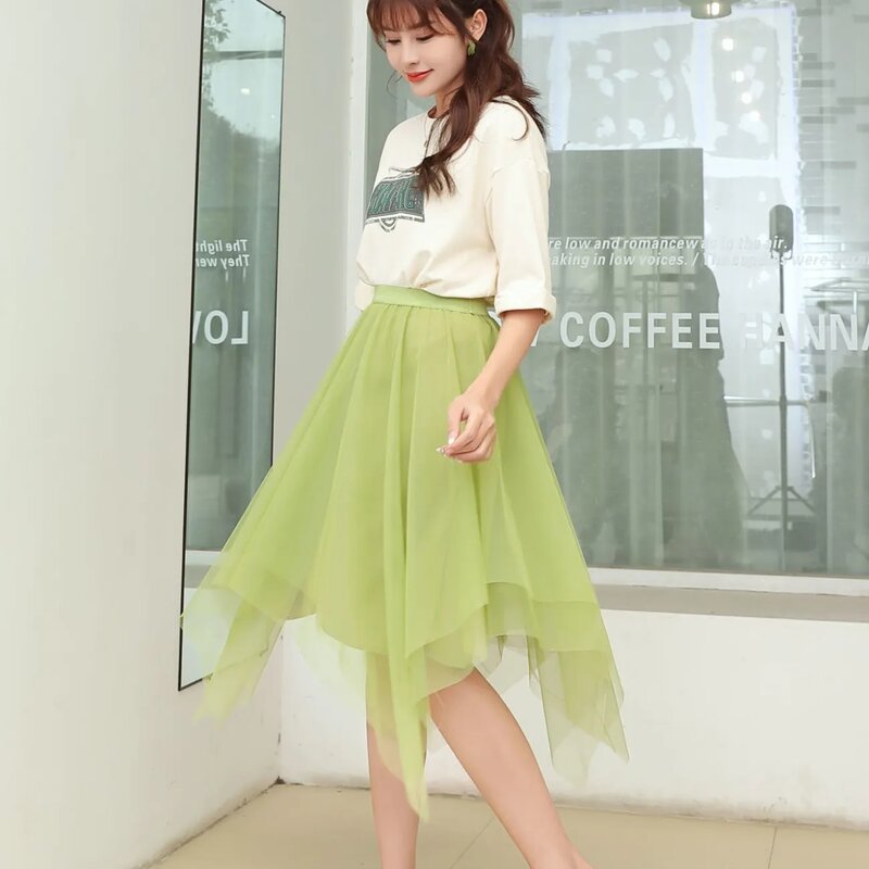 Quality M-L Spring Summer Fashion New Elastic High Waist A-Line Mesh Skirt Elegant Women Party Gift Office Lady Casual Clothing
