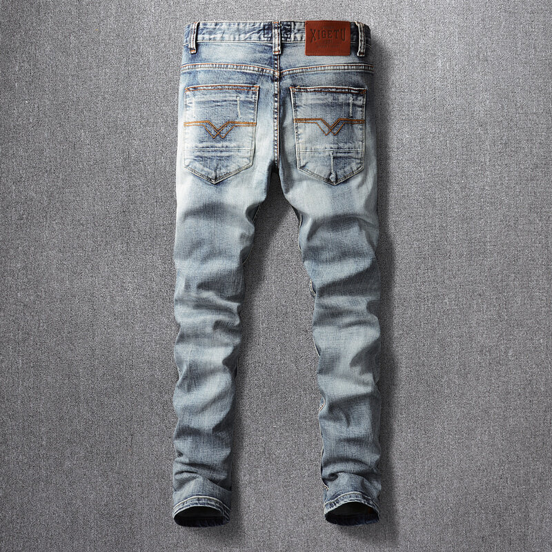 Italienische Mode Männer Jeans Retro Grau Blau Elastische Slim Fit Zerrissene Jeans Männer Hosen Vintage Designer Denim Hosen Hombre