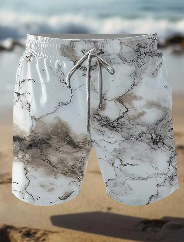 Homens crack marmoreio 3D impresso, calção de banho, elástico na cintura, cordão, Aloha, estilo havaiano, praia, Harajuku, Resort