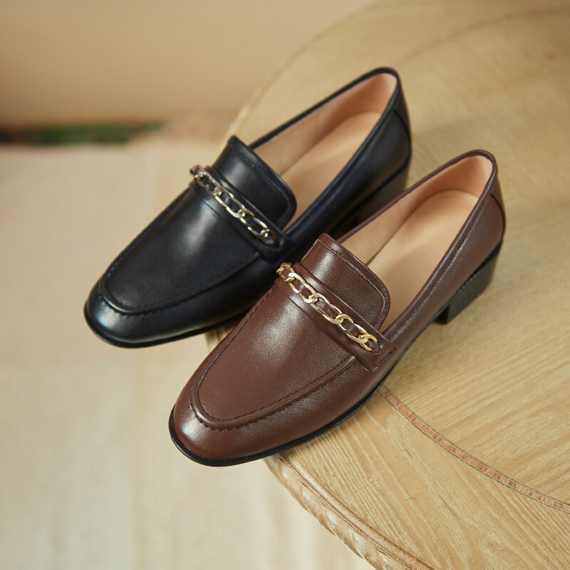 Sepatu Pantofel Klasik Ujung Bundar Kulit Penuh 22-25Cm Sepatu Kulit Alami Pantofel Wanita Hak Platform