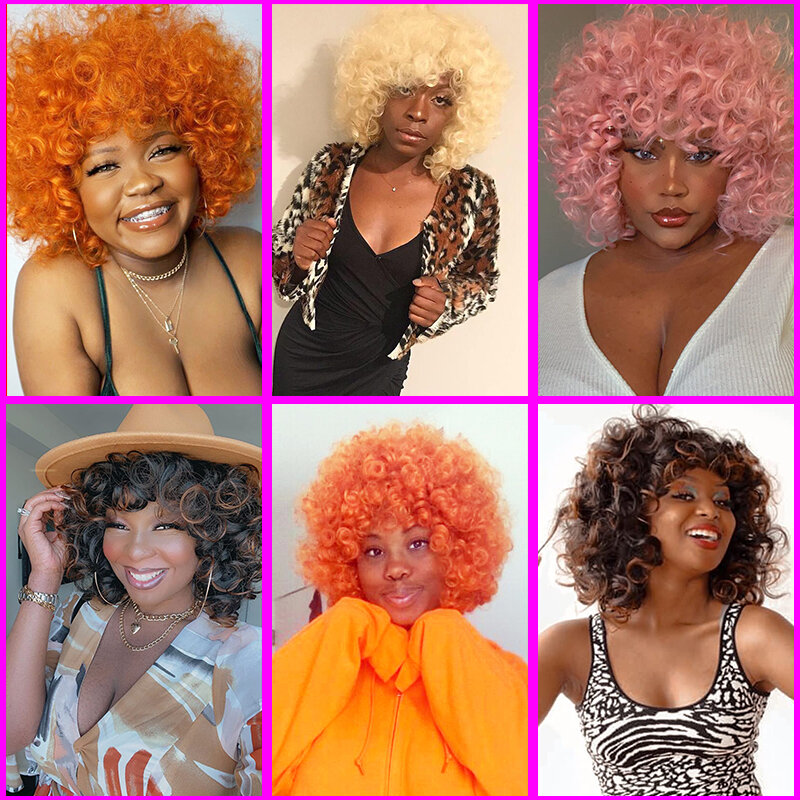 Orange Short Bouncy Curly Bob Wigs for Women Ginger Afro Kinky Curly Wig Fluffy Synthetic Natural Cosplay Hair Wigs with Bangs