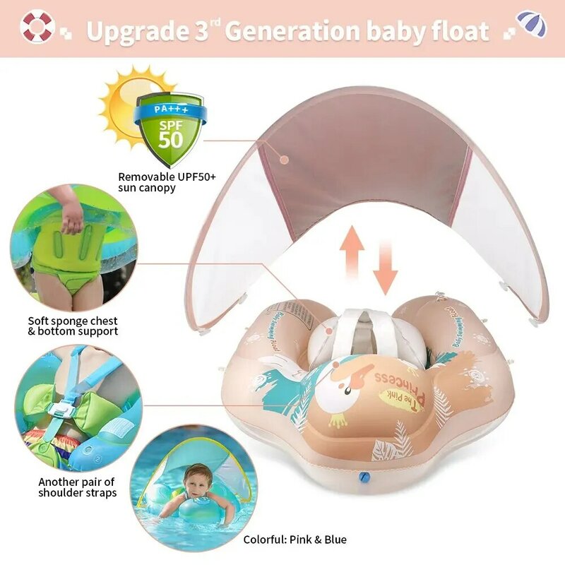 Pelampung renang bayi, dengan kanopi cincin tiup aksesoris kolam renang anak-anak lingkaran mandi musim panas