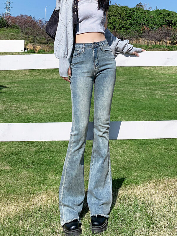 Vintage Blue ขากางเกงยีนส์ผู้หญิงฤดูใบไม้ผลิฤดูร้อน Chic สูงเอว Slim Micro Flare กางเกงยีนส์ Lady Casual Skinny กางเกงยีนส์