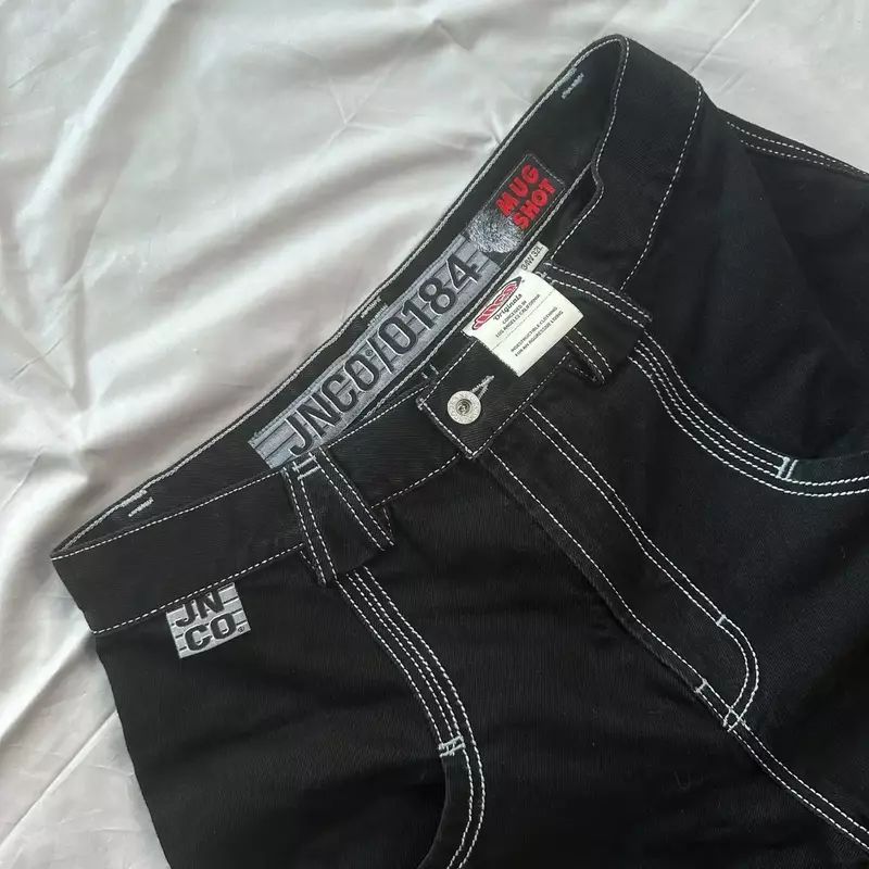 JNCO-Jeans largos pretos com bordado para homens e mulheres, calças largas pretas, hip hop gótico, bolso grande, calças casuais, harajuku, Y2K