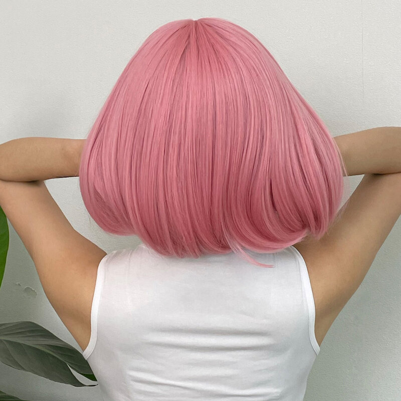 Penutup rambut Wig, gaya manis, wig, poni merah muda, rambut pendek lurus, mode trendi, sutra suhu tinggi
