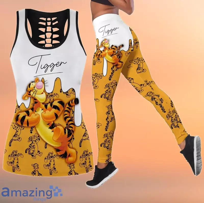 Disney Tigger Women Book Hollow Vest + Women Leggings Yoga Suit Fitness Leggings Sports Suit Disney Tank Top Legging Set Outfit
