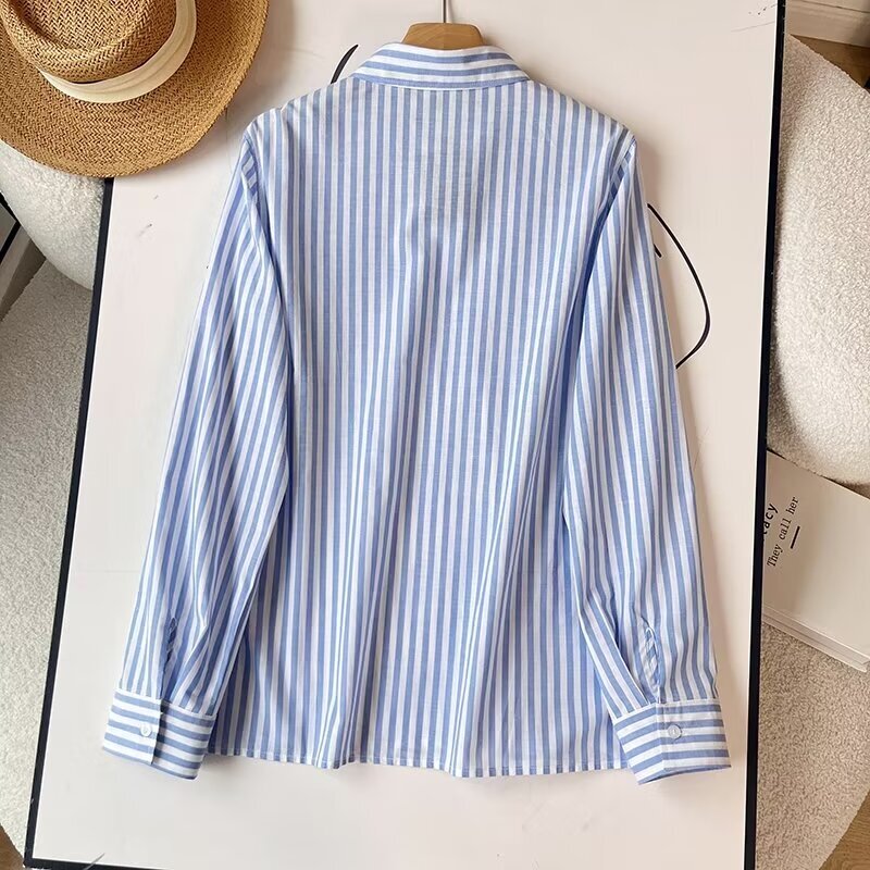 Women's 2024 New Fashion Casual Joker Loose Striped Blouses Retro Long-sleeved Button Blouses Chic Tops.