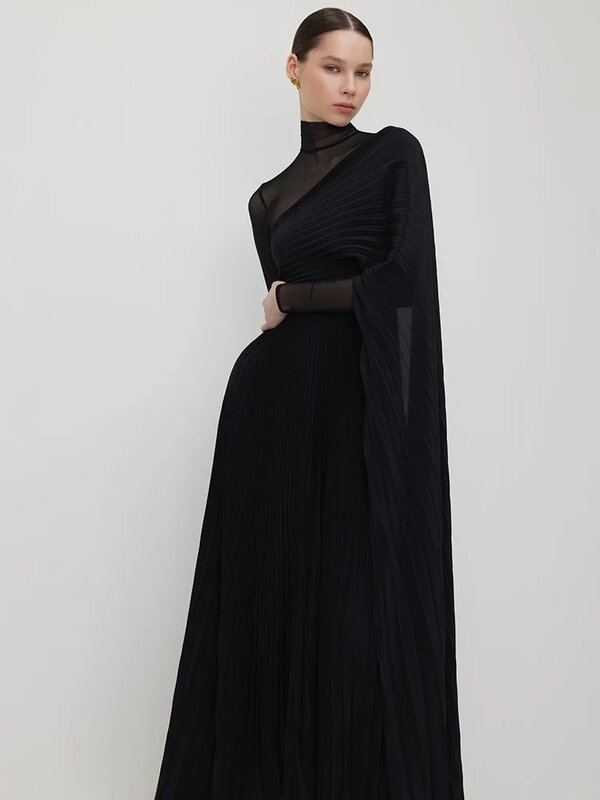 Romantic High Black Chiffon Neck Prom Gowns Full Sleeves Pleated Party Evening Gowns A Line Ankle Length Cocktail Dresses