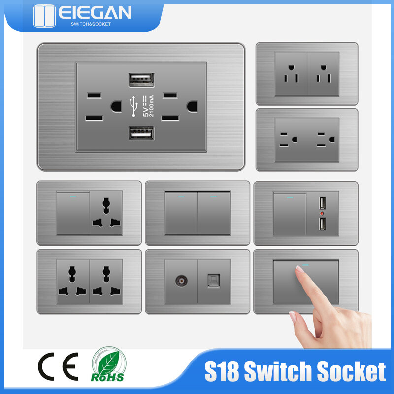 ELEGAN-US معيار Type-C USB الجدار التبديل المقبس ، لوحة الفولاذ المقاوم للصدأ ، رمادي متعدد الوظائف ، PowerCombination ، 118 مللي متر * 72 مللي متر