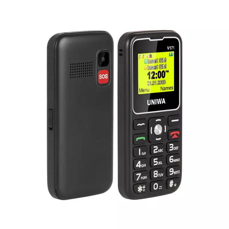 Uniwa โทรศัพท์มือถือ V171มี2G GMS 1.77นิ้วไร้สาย FM อาวุโส1000mAh ชาร์จฟรี Dock SOS โทรศัพท์มือถือผู้สูงอายุ
