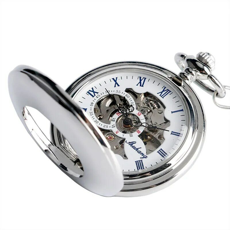 Relógios de bolso mecânicos automáticos unisex, caso liso, meio caçador, números romanos pingente, presente da corrente do esqueleto, prata do vintage