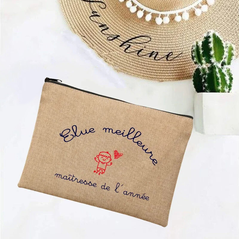 Dank U Leraar Franse Print Eenvoudige Linnen Make Polsbandje Clutch Bag Beach Travel Organizer Case Briefpapier Opbergzakken Geschenken