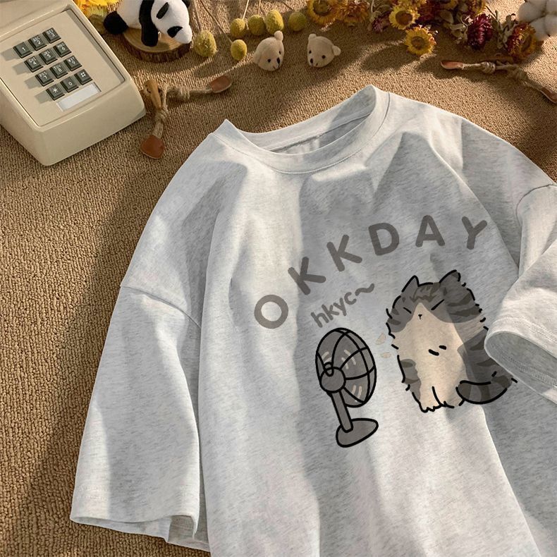 Camiseta de manga corta Unisex, Camiseta con estampado de gato de nicho Sentido de diseño Ins, Top de cuello redondo versátil informal suelto americano, moda