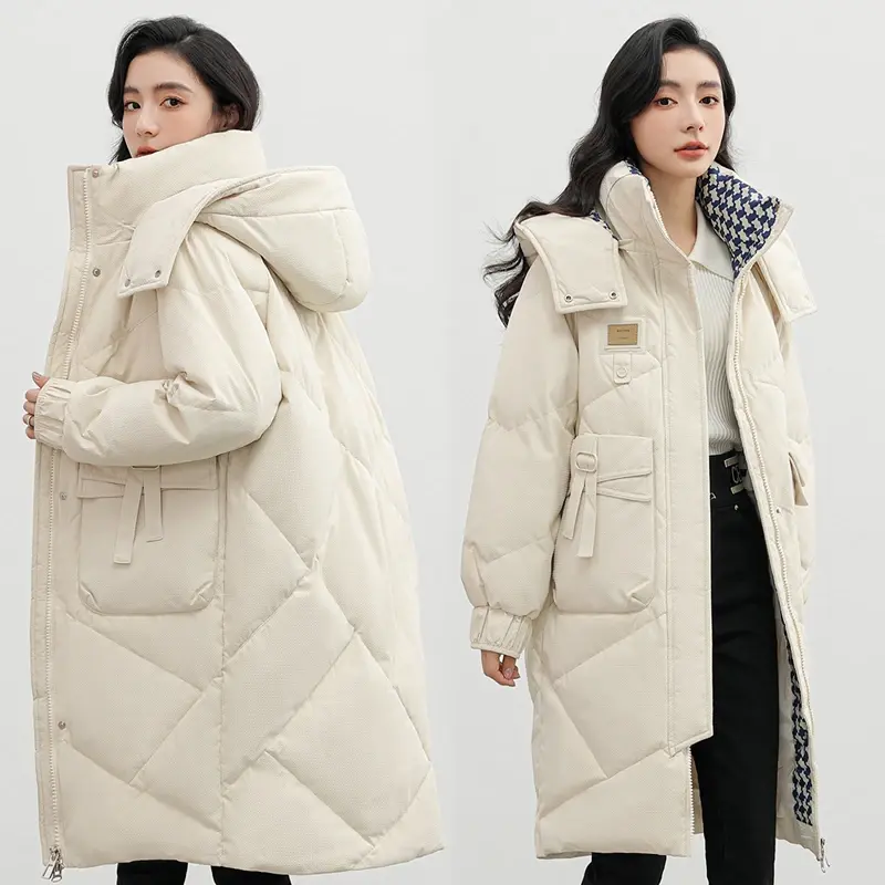Jaqueta de capuz médio longo feminina, monocromática, bolso grande, treliça rombica, casaco solto, parka casual, tamanho grande, inverno