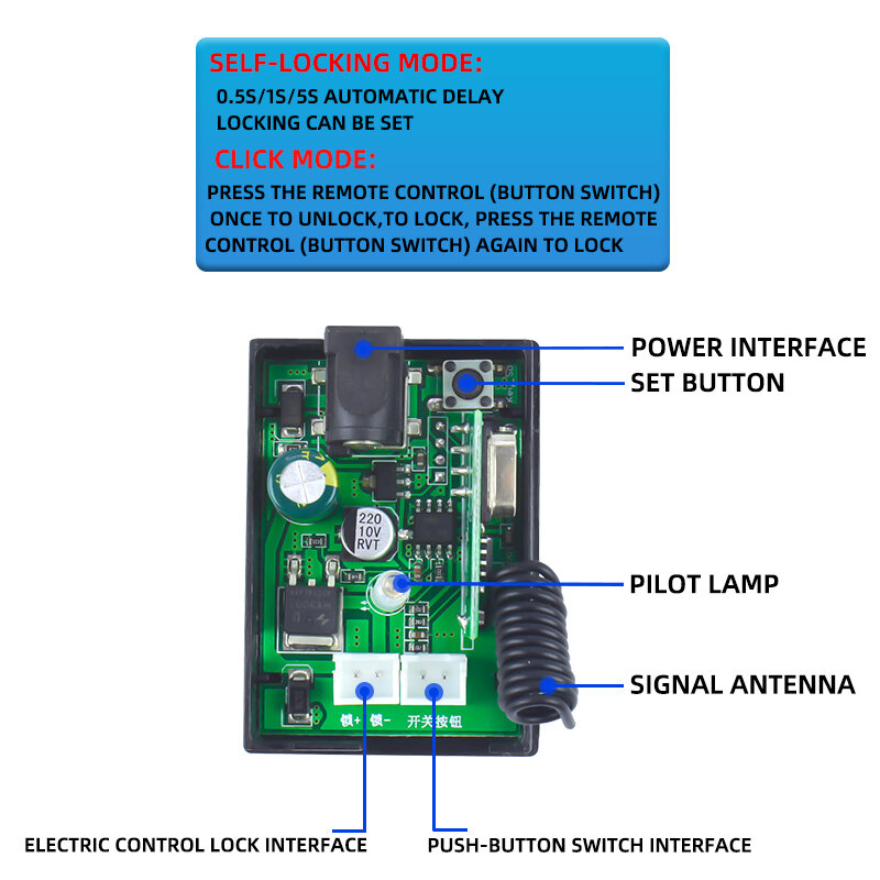 Paquete de control remoto inalámbrico de 433MHz, modo ajustable, retardo ajustable, distancia de control remoto de 30-50 metros
