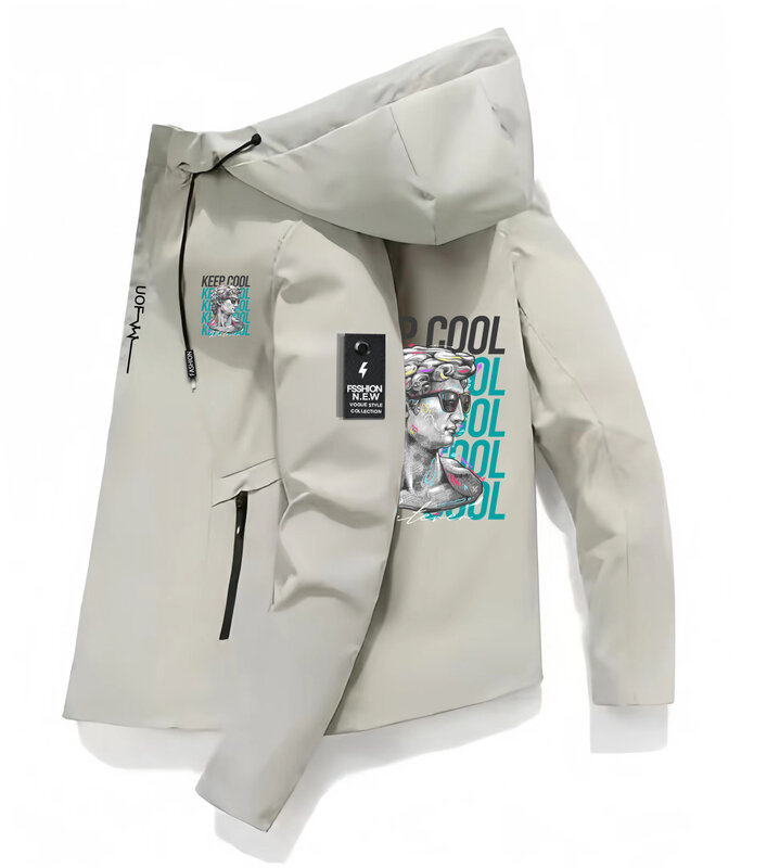Jaket bertudung pria, jaket hangat tahan air dengan cetak potret patung 2024, mantel kasual longgar modis pria