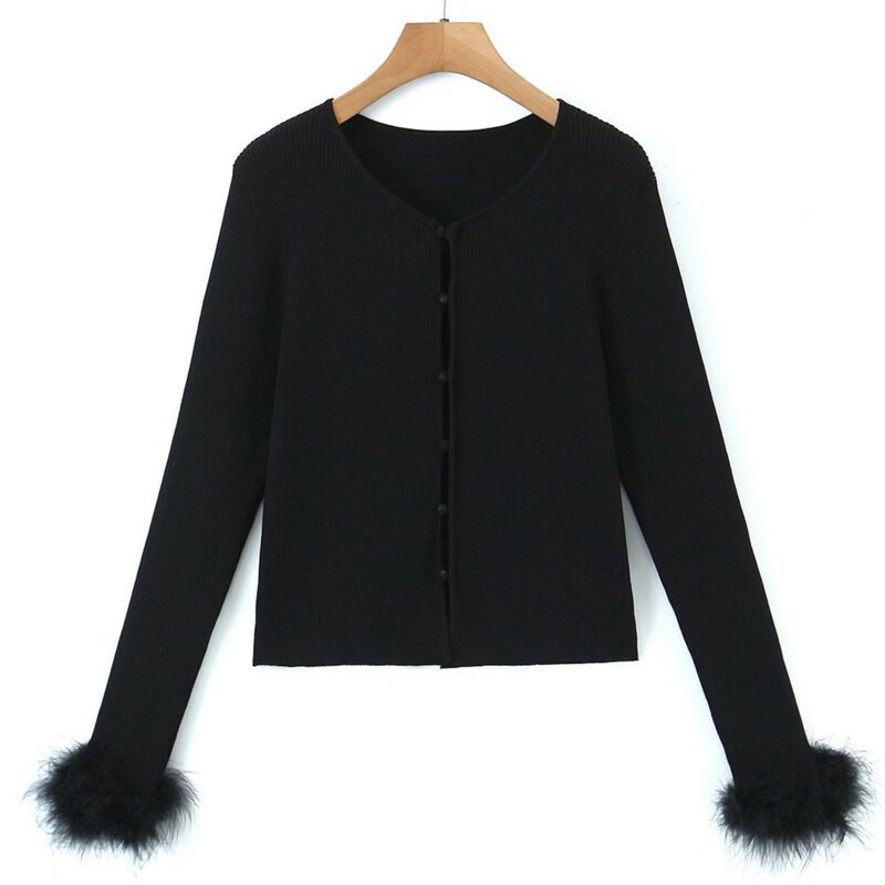 2023 musim gugur kualitas baik pakaian Wome Cardigan ukuran besar malam di Paris bulu manset sweter ramping kurva hitam rajutan pakaian luar